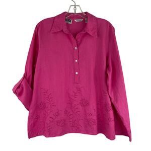 Richard Malcolm 100% Irish Linen Button Up Blouse Floral Embroidered Large